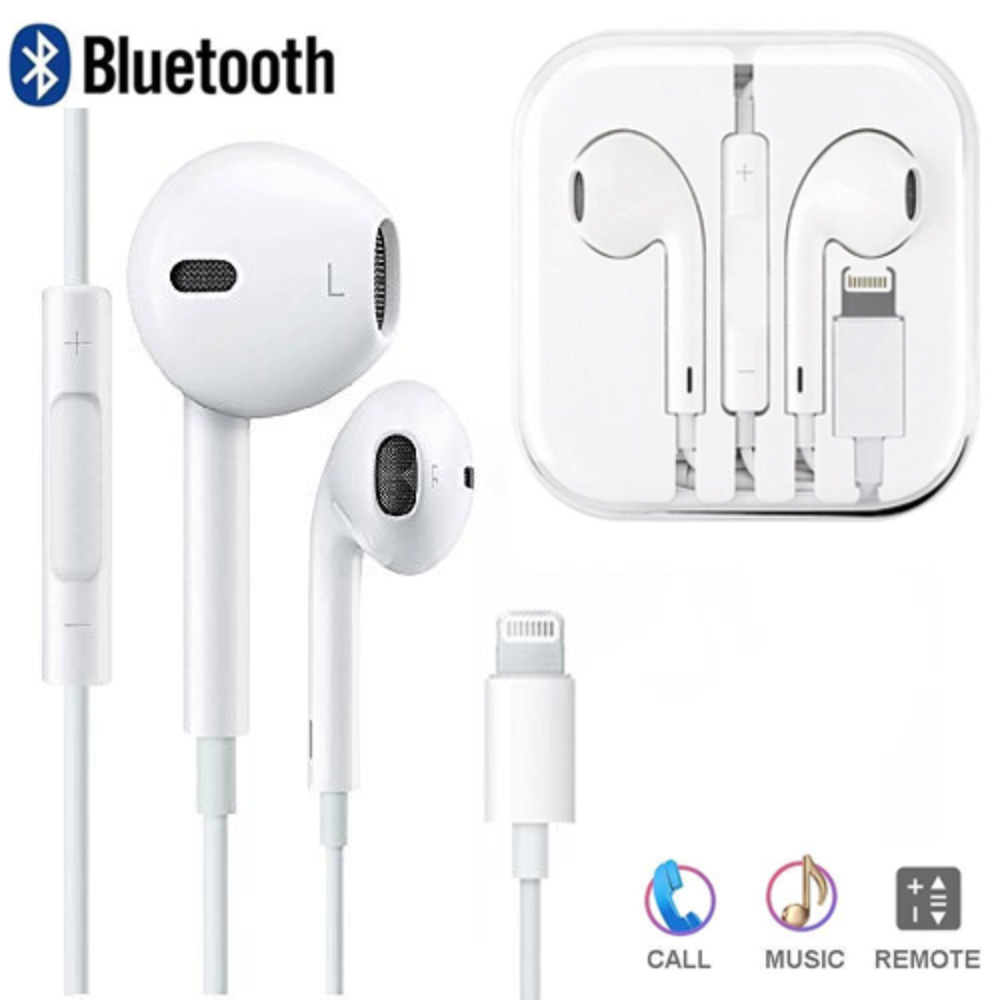 Bluetooth WIRED Lightning Earbuds for Apple iPHONE (White)